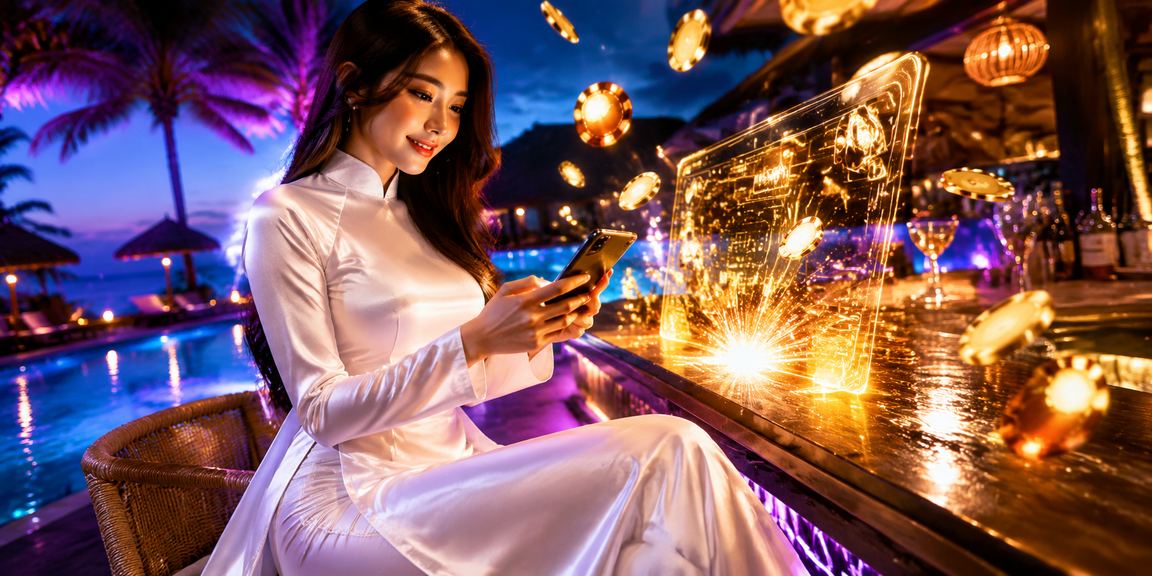 Người phụ nữ mặc áo dài tại Mũi Né theo dõi esports betting trên điện thoại bên bờ biển